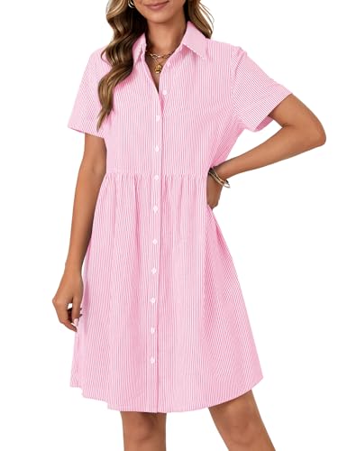 Image of Rooscier Women's Striped Shirt Dress Button Down Collared Short Sleeve Mini Dress