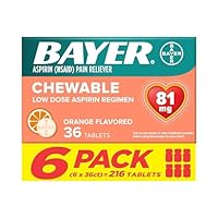 Bayer Aspirin Low Dose 81 mg Chewable Tablets, Pain Reliever, Orange Flavored, 216 Tablets (6 Pack)