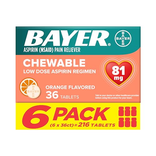 Bayer Aspirin Low Dose 81 mg Chewable Tablets, Pain Reliever, Orange Flavored, 216 Tablets (6 Pack)