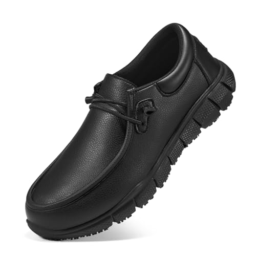 NINGO Non Slip Work Shoes for Men Comfortable Slip On Restaurant Shoes Lightweight Mens Food Service Shoes with Water & Oil Resistant Breathable Black Walking Loafers for Chef Kitchen