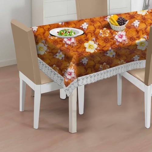 Image of The Furnishing Tree Waterproof PVC Rectangle Shaped 12 Seater Table Cover WxL 60x140 inches Floral Pattern Orange with White Border lace