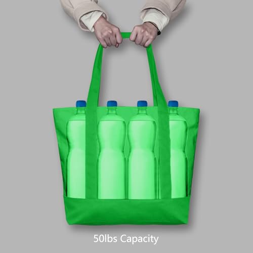 Image of TOPDesign 1-Pack Canvas Tote Bag with an External Pocket, Reusable Grocery Shopping Bag, Top Zipper Closure, Daily Essentials (Lime Green)