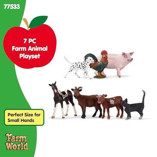 Image of Schleich Farm World - 7 PC Farm Animal Playset with Dog, Cat, Pig, Goat, Rooster, Baby Horse and Cow Toys - Realistic Barnyard Figurines - Fun Educational Figures For Kids and Toddlers Ages 3+ | 77533