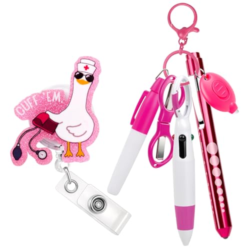 Seqiuay 7 Pcs Nurse Badge Accessories Includes Funny Badge Reels Permanent Marker Pen Retractable Ballpoint Pen Nurse Pen Light Keychain Clip Foldable Scissors LED Flashlight (Pink)