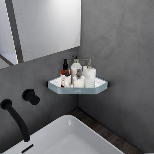 Image of Plantex Corner Shelf for Bathroom /Aluminium and Acrylic Multipurpose Bathroom Shelf Rack /10x10 inch Bathroom Corner Shelf Rack /Bathroom Shelf Organizer-Pack of 1(Grey and Milky White)