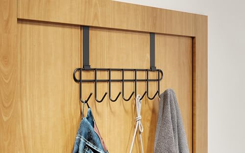 Image of Over the Door Hook Hanger Rack | Heavy Duty Multi Alloy Steel | No Drill 7 Hook Organizer | Space Saving Door Hanger for Bedroom, Bathroom, Kitchen & Home Storage - Black (Pack of 2)