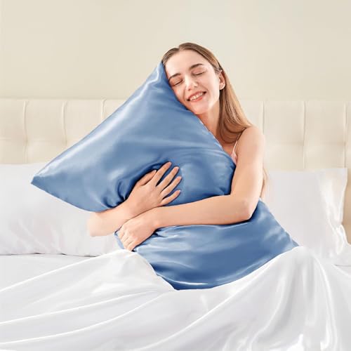 Image of Go Well Bonnet for Curly Hair with Free Satin Pillow Covers and Scrunchies | Combo of Pack of 2 Satin Pillowcases with 3 Adjustable Hair Caps (sky)