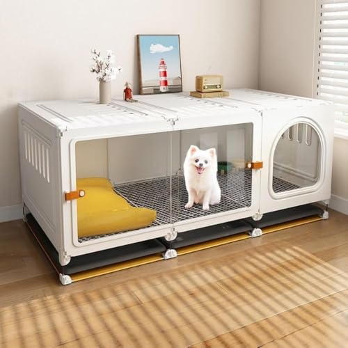 AOUMK 犬 ケージ 小型犬用ゲージ ペットケージ 小中大型犬用 屋根付き 室内 掃除しやすい 組み立てが簡単 引き出しトレイ 丈夫 頑丈 安定感高い オシャレ ペットゲージ (ホワイト,106*46*42cm-透明ドア)
