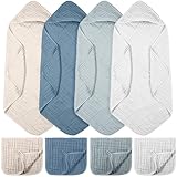 VitalCozy 8 Pcs Baby Muslin Hooded Bath Towels and Washcloths, Muslin Hooded Baby Towels Absorbent Blankets for Gift Newborn Infant Shower (Blue,White,32 x 32 Inch)