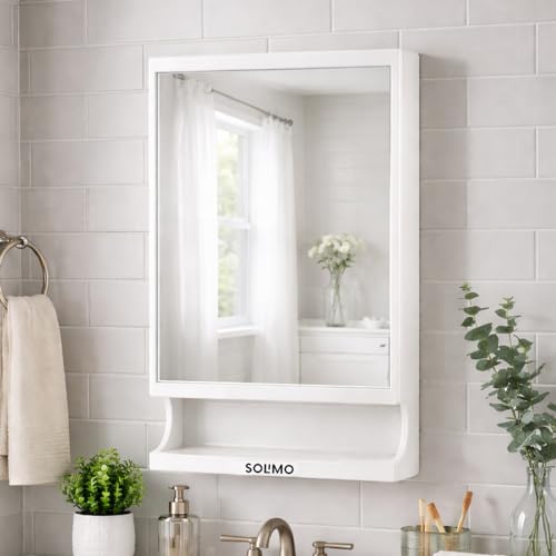 Image of Amazon Brand - Solimo SmartLook Wall Mounted Storage Cabinet with Mirror, Toothbrush Holder with Multi-Compartment Storage, Wall Mounted Plastic Organizer for Toothbrush,& Bathroom Essentials, White