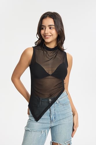 QJQ Women's Sheer Mesh Tank Tops Mock Neck Sleeveless Asymmetrical Hem Crop Top See Through Shirts4