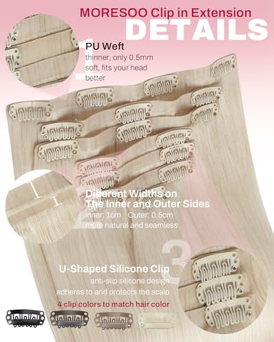 Image of Moresoo Seamless Clip in Hair Extensions, Platinum Blonde, PU Skin Weft | Human hair clip in extensions, 18inch 120g 7pcs, for content creators and photo shoots, for camera-ready styling