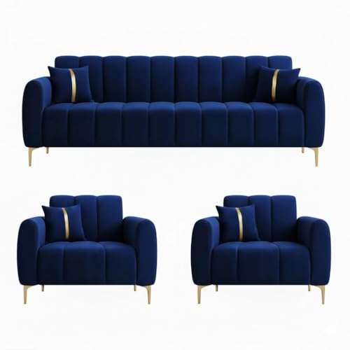 Image of FURNY Harmony 5 Seater Velvet Fabric 3+1+1 Sofa Set (Dark Blue) with Golden Finish Legs | Durable Comfort | Ideal for Living Room, Offices