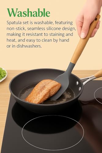Image of Sakoraware Silicone Spatula Set with Wooden Handle Kitchen Tools Mixing | Serving Cooking Spoon | Turner | Soup Ladle | Non-Stick | BPA Free Kitchen Tools Set of 3 (Black)