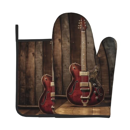 Juego de 2 guantes de horno y soporte para ollas para guitarra eléctrica clásico, resistentes al calor,...
