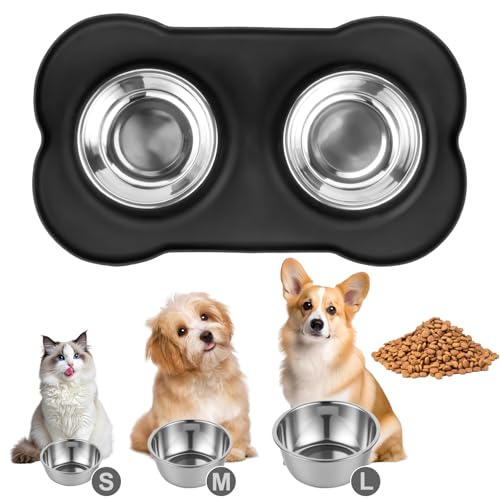 Set di 2 Ciotole per Gatti e Cani, Ciotola per Gatti in Acciaio Inox, Ciotole Gatto, Ciotola Cani per Cibo Secco e Umido, con 1 Tappetino Antiscivolo in Silicone (M 42 x 26 cm)