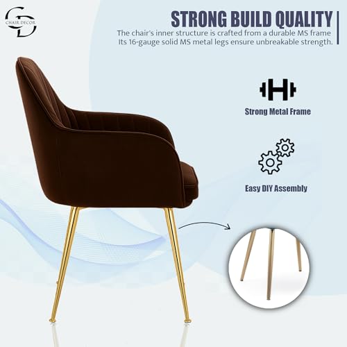 Image of Velvet Accent Chair with Matching Pouffe & Floral Cushion | Upholstered Lounge Armchair with Gold Metal Legs for Living Room, Bedroom, Office & Guest Room (Dark Brown)