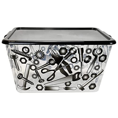 Image of SIMPLYKLEEN Storage Totes with Lids 4PC - Made in USA 14.5-Gallon Colorful Printed Decorative Design Storage Boxes Storage Bins with Lids Plastic Storage Containers for Organizer Black /Tool Clear