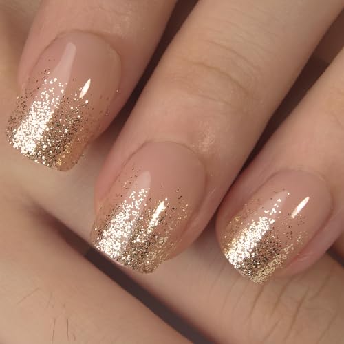 Image of Curvlife Press on Nails Acrylic Fake Nails with 30pcs Fluid Gold Short Square Design Full Cover False Nails for Women Reusable Nail Kit with Nail Glue Adhesive Tabs