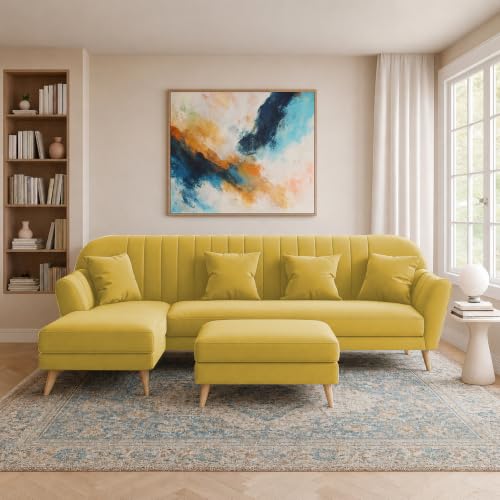 Image of Atticus LHS 6 Seater L Shape Sofa Set with Ottoman Living Room (Yellow Colour Fabric) Premium Fabric Sofa Set for Living Room