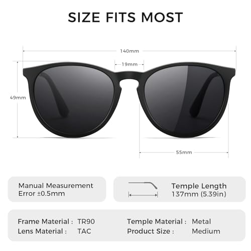 SUNGAIT Premium Vintage Round Sunglasses for Women Men Classic Retro Trendy Style (Black Frame(Matte Finish)/Polarized Grey Lens) 1567 PGHKH by SUNGAIT - Image 5