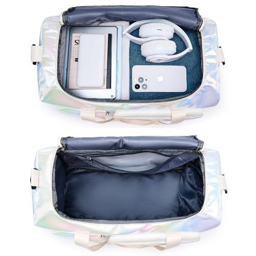 Image of BEULPTN Small Gym Bag for Women, Travel Duffel Bag Carry On Weekender Bag with Shoe Compartment, Z6#Beige Shinny, 11*19.6*8.2 inches, Gym Bag&Toiletry Bag