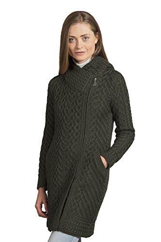 Aran Crafts Women's Cable Knit Long Hooded Side Zip Coat (100% Merino Wool)2