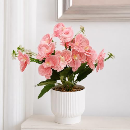 Image of CURATED CART Flower Pot with Artificial Flowers - Orchid Peach Flower with White Vase | Ideal for Home Decor | Office Decor | Gifting | Size 25 x 15cm