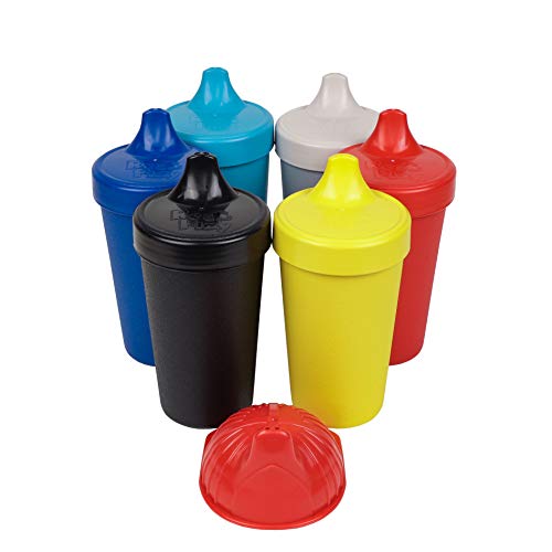 RE-PLAY 6pk 10 oz. No Sill Sippy Cups in Sky Blue, Navy Blue, Red, Yellow, Grey and Black | Made in USA from Recycled HDPE with one Piece Easy Clean Valve | Bonus Firefighter Lid