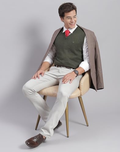 Image of Monte Carlo Off White Solid V Neck Sweater | Warm Woolen Pullover for Men | Soft Comfortable Knitted Winter Wear Sweater for Men's