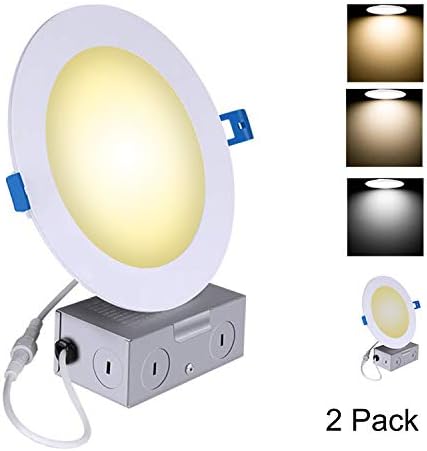 NICKLED 3 Color 6inch 12W Round LED Recessed Panel Ceiling Light IC Rated with Junction Box, Dimmable 3000K/4000K/5000K, ETL Approved (2Pack 6inch, Color Changing by Switch ON/Off)