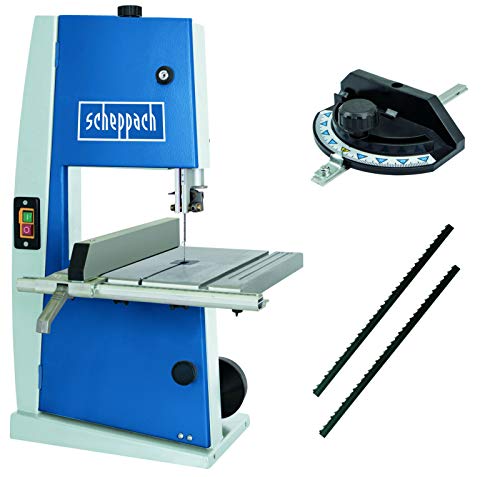 Scheppach Bandsäge BASA 1 SET Querschneidlehre 3 Sägebänder |Schnitthöhe: 100mm, Durchlassbreite: 195mm, bis zu 45° schwenkbarer Arbeitstisch, Bandrad-Ø: 200mm, Schnittgeschwindigkeit: 880m/min)