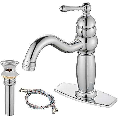 Heyalan Bathroom Faucet Brass Lavatory Sink Faucet Polished Chrome Vanity Basin Single Hole Vintage Vessel Mixer Tap Deck Mounted Retro Hot and Cold Water Handle Solid Brass Pop-up Drain Included Cover