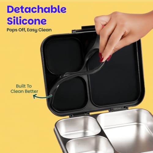 Image of Basil Bento Ace 3C Stainless Steel Lunch Box for Kids | 3 Compartment Leakproof Tiffin Box for Teens & Adults | BPA-Free, Easy-to-Open School Lunch Box | Classic Black