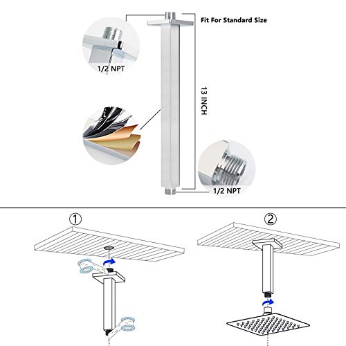 Rain Shower Head With Shower Arm, NearMoon Ceiling Mount Square Shower Head, Stainless Steel Ceiling Rainfall Showerhead- Waterfall Full Body Coverage (12 Inch Shower Head with Arm, Chrome)