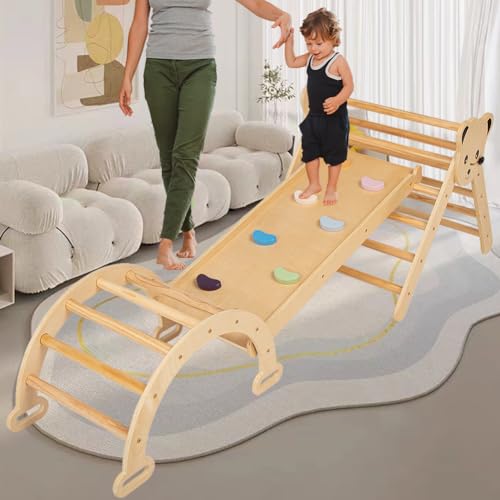 Image of Pickler Pikler Triangle Set Climber 3 Piece Climbing Gym, woodandhearts Montessori Climbing Set Toys Play Structure Jungle Gym Slide,Indoor Wooden Climbing Arch Toy Climb for Toddlers Baby Kids Infant