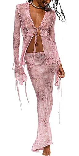 Women Y2K Ruffle Mesh 2 Piece Skirt Set Sheer Sleeveless Tube Top Flower Ruffle Split Mini Skirt Streetwear Outfits