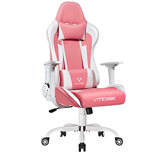 PUKAMI Pink Gaming Chair Cute Kawaii Gaming Chair for Girl Ergonomic Office Desk Chair Racing Office Chair Adjustable High Back Chair Game Chair Swivel Leather Chair with Lumbar Support and Headrest