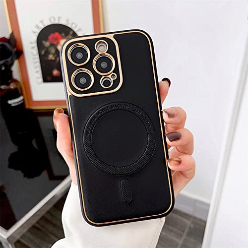 Étui en cuir iPhone 14 Pro Max : la coque de luxe magnétique avec placage d'or élégant