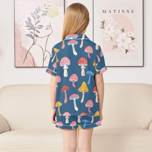 ALAZA Colorful Mushroom Blossom Blue Pajamas Satin Pajama Set Short Sleeve Button Down Sleepwear4
