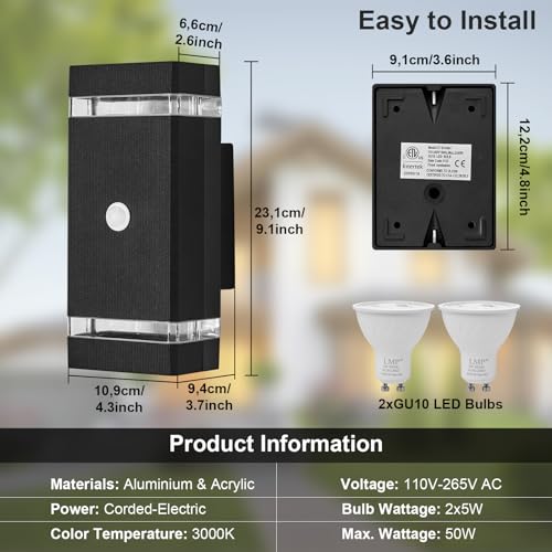 LMP Up Down Outdoor Wall Lights PIR, Motion Sensor Outside Lights Mains Powered, IP65 Square Porch Front Door Light Electric, External Modern GU10 LED Lighting Exterior Lamp Sconce for House, Black 5 LMP Up Down Outdoor Wall Lights PIR, Motion Sensor Outside Lights Mains Powered, IP65 Square Porch Front Door Light Electric, External Modern GU10 LED Lighting Exterior Lamp Sconce for House, Black - Image 5