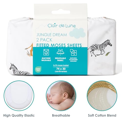 Clair de Lune Jungle Dream 2 Pack Fitted Moses Basket Sheets - 74 x 30 cm, White and Grey - Image 3