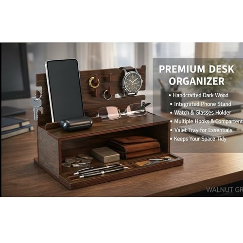 Image of Executive Wooden Docking Station for Men | Mobile, Glasses & Wallet Organizer with Key Hooks and Storage Shelf | Luxury Desk Organizer for Office & Bedside Table | Size: 11 x 8 x 6 Inch