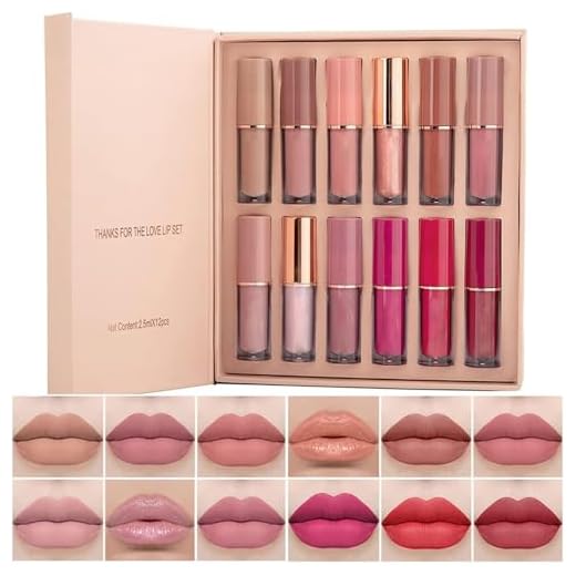 Set de maquillaje de lápiz labial, pigmentos intensos, kit de maquillaje de labios resistente al agua de larga duración, juego de regalo de maquillaje (12 colores) - regalos para mujeres