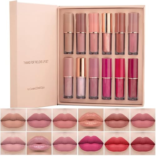 Set de maquillaje de lápiz labial, pigmentos intensos, kit de maquillaje de labios resistente al agua de larga duración, juego de regalo de maquillaje (12 colores) - regalos para mujeres (A)