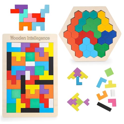 VIDSTW Puzzle Tetris de madeira 2 peças conjunto de quebra-cabeças de madeira com design de tangram quebra-cabeças madeira Smart Games puzzle de madeira para todas as idades