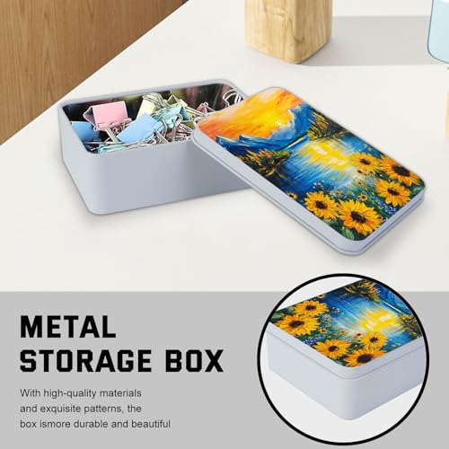 Image of Metal Tin Box with Lid,Multi-functional Storage Box Can Store Tea Biscuits Game Cards, Playing & Tarot Cards-Comes with 4 Magnetic Cord Clips,Sunset Mountain Lake
