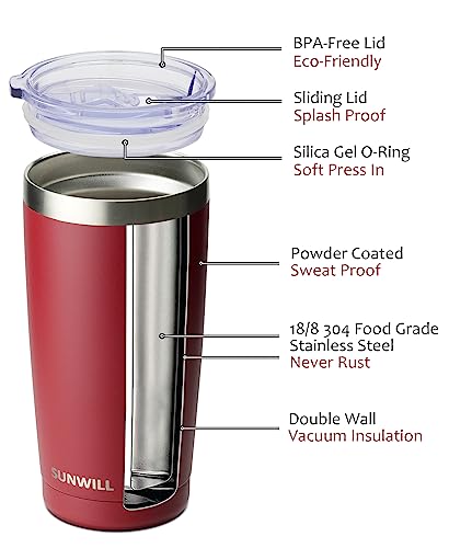 Sunwill 20Oz Tumbler With Lid, Stainless Steel Vacuum Insulated Double Wall Travel Tumbler, Durable Insulated Coffee Mug, Powder Coated Wine Red, Thermal Cup With Splash Proof Sliding Lid #TOP1
