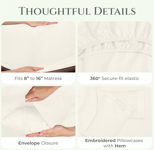 Image of ROYALE LINENS 100% Organic Cotton Twin Sheet Set - 16 inch Deep Pocket Bed Sheets - Eco Friendly Ivory Bed Sheets - Sabanas Twin - 1 Flat, 1 Fitted & 1 Pillowcases - Ivory Sheet Set - Cotton Bedding Sets