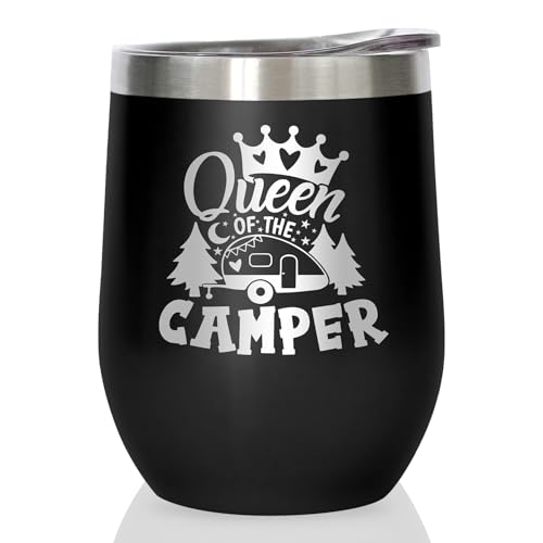 Joyloce Vaso de vino Queen Of The Camper, taza de café, vaso de vino sin tallo, con tapa, de acero inoxidable aislado, regalos al vacío para mujeres, camping, viajes al aire libre, 12 onzas